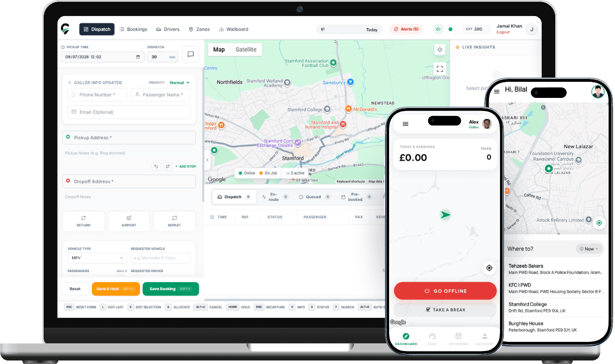 Cabree in action — the operator dispatch dashboard with the driver and passenger apps
